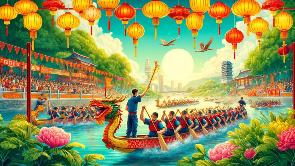 A vibrant scene of a Dragon Boat Festival with colourful dragon boats racing on a river, paddlers in traditional uniforms, cheering spectators on the riverbanks, and festive decorations including traditional Chinese lanterns and banners. The background features lush greenery under a clear, sunny sky, creating a lively and energetic atmosphere