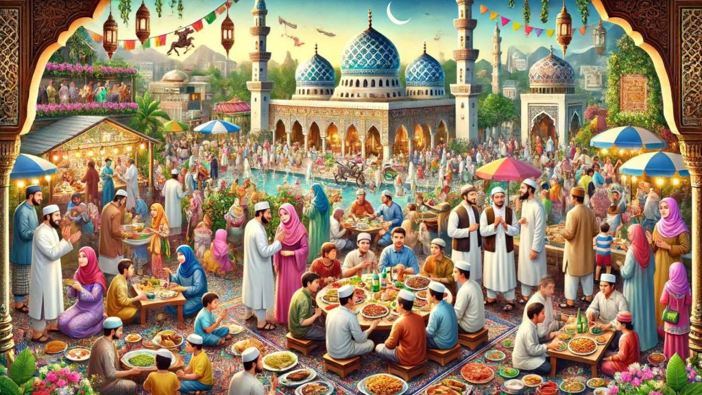 A vibrant Eid ul Adha celebration featuring a diverse group of people in traditional and modern clothing. In the foreground, families and children are seen sharing festive meals and exchanging greetings. The background displays a beautifully decorated mosque with worshippers engaged in prayer and the ritual sacrifice. The scene includes colourful festive decorations, food stalls with traditional dishes, and children playing, creating an atmosphere of joy, unity, and cultural richness.