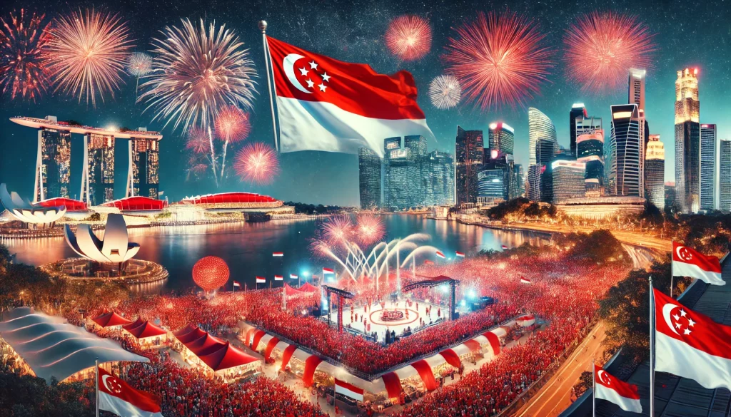 A vibrant scene of Singapore's National Day celebrations featuring colourful fireworks illuminating the night sky. The Marina Bay Sands is prominently visible in the background, along with other landmarks. In the foreground, a diverse crowd dressed in red and white waves Singapore flags, capturing the festive spirit of unity and national pride.