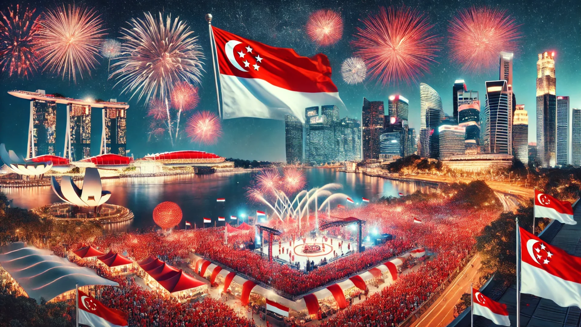 A vibrant scene of Singapore's National Day celebrations featuring colourful fireworks illuminating the night sky. The Marina Bay Sands is prominently visible in the background, along with other landmarks. In the foreground, a diverse crowd dressed in red and white waves Singapore flags, capturing the festive spirit of unity and national pride.